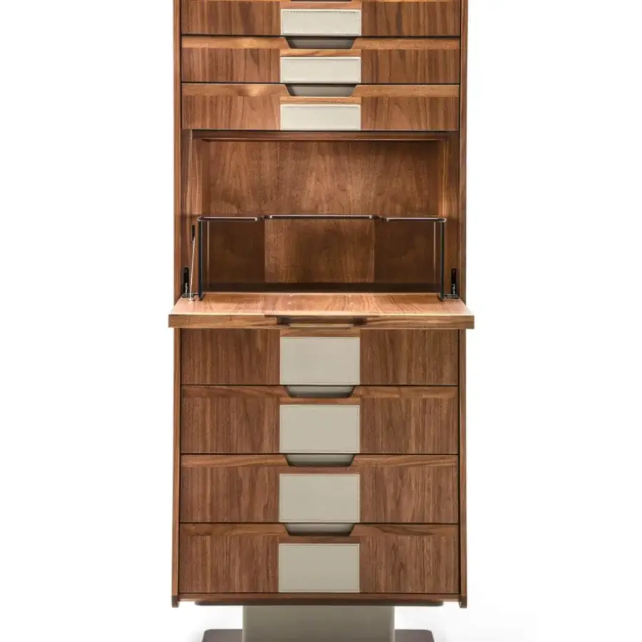 Lavish Giorgetti Corium dresser with Canaletto walnut structure and saddle leather accents, exhibiting a smooth finish