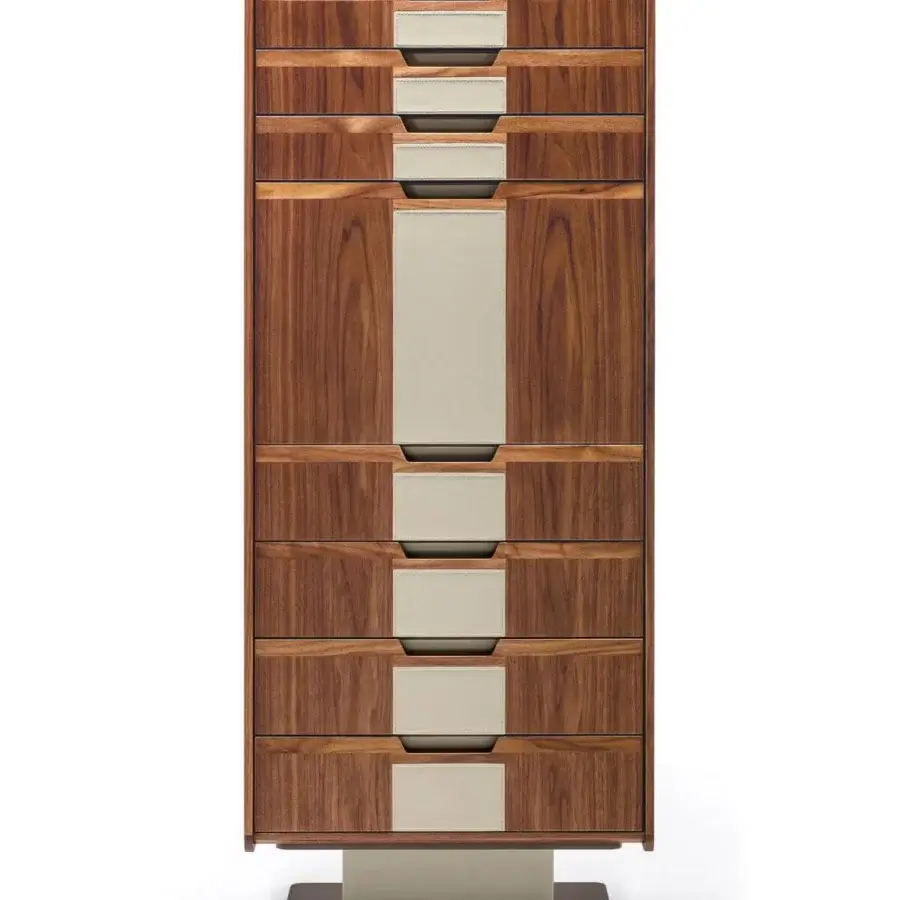 Distinguished Giorgetti Corium dresser crafted with Canaletto walnut and saddle leather inlays with a painted metal base plate