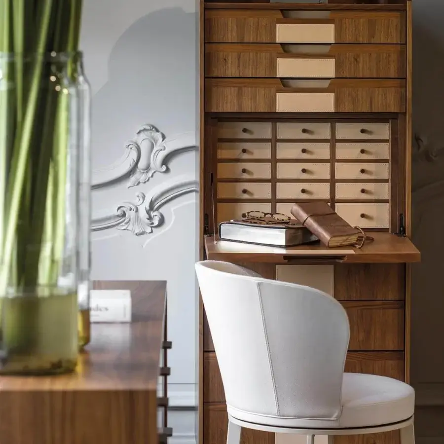 Lavish Giorgetti Corium dresser built with Canaletto walnut and distinctive saddle leather drawer fronts