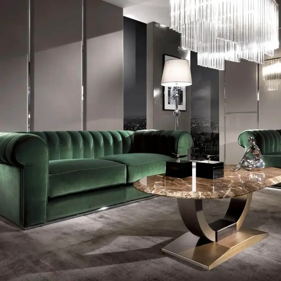 Distinguished DV Home Collection Hermes Plaza coffee table with a brown marbled top and crescent-shaped stainless steel base in a glossy finish