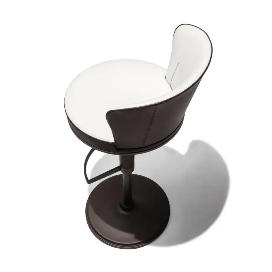 Exceptional Giorgetti Ode stool with rotating structure and white fabric upholstery accented by dark brown leather detailing