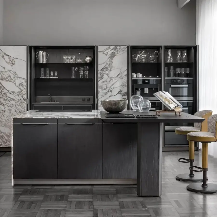 Sophisticated Giorgetti Ode stool with comfortable light-patterned textile upholstery and height-adjustable painted metal base with leather accents