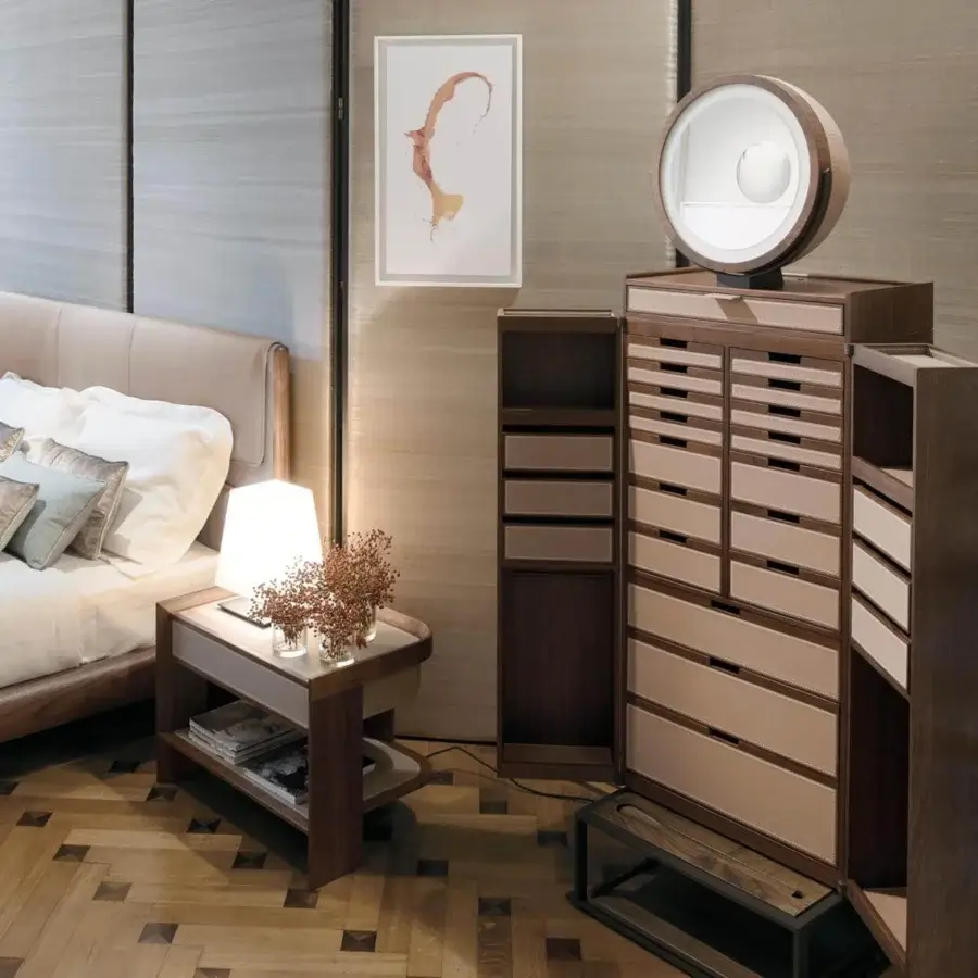 Distinguished Giorgetti Archibald nightstand crafted in solid Canaletto walnut with light beige saddle leather and matte finish
