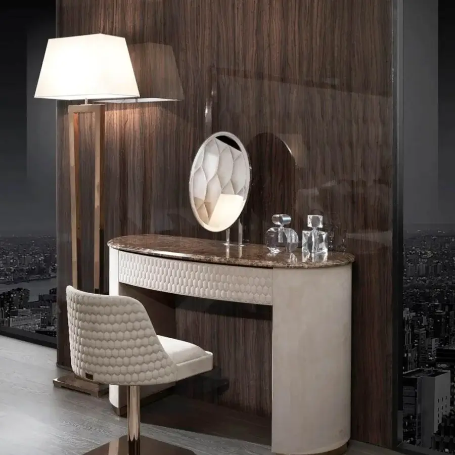 Superior DV Home Collection Charlotte vanity with cream leather upholstery and hexagon quilted finish in marble and steel