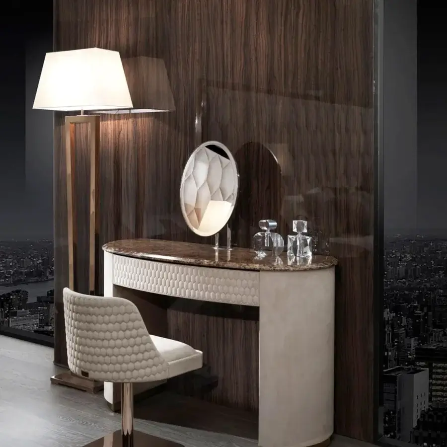 Sophisticated DV Home Collection Deco floor lamp with curved quilted light beige fabric and glossy bronze toned metal structure