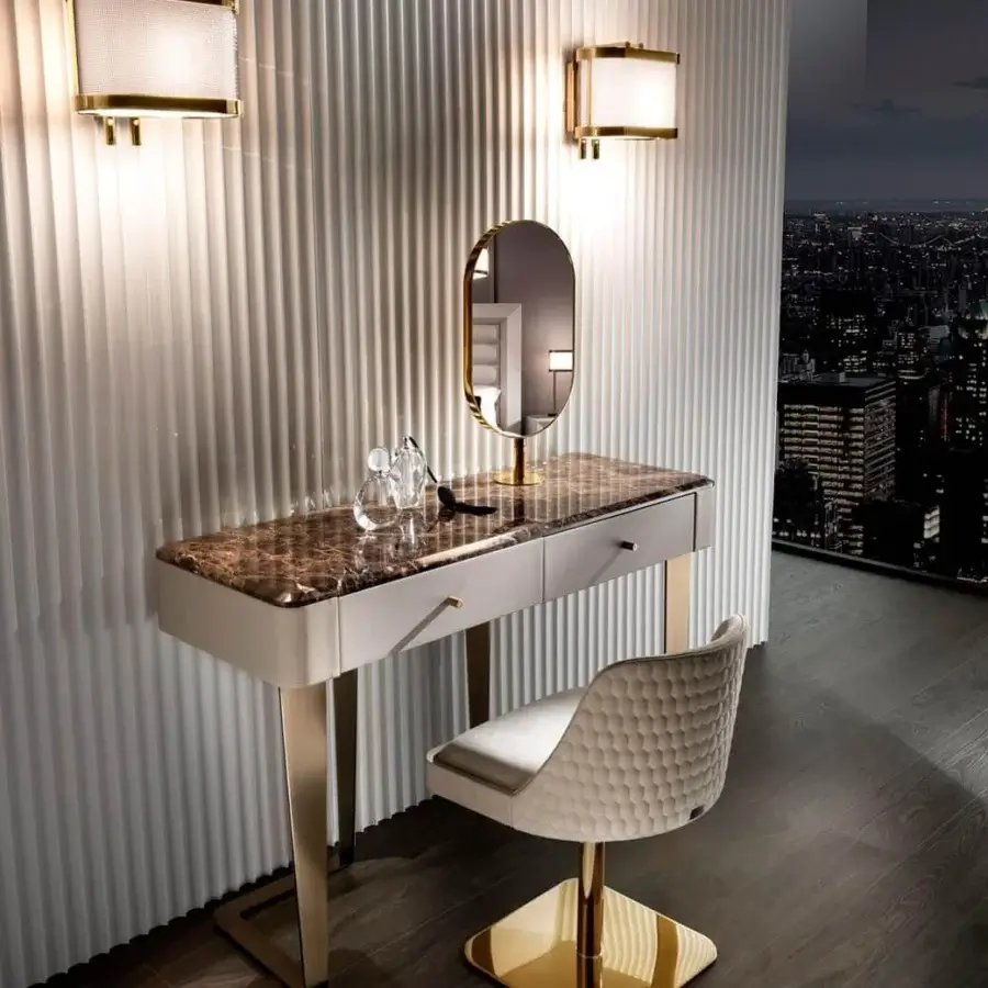 Exclusive DV Home Collection Elite swivel chair with light beige textile upholstery and gold-toned steel base