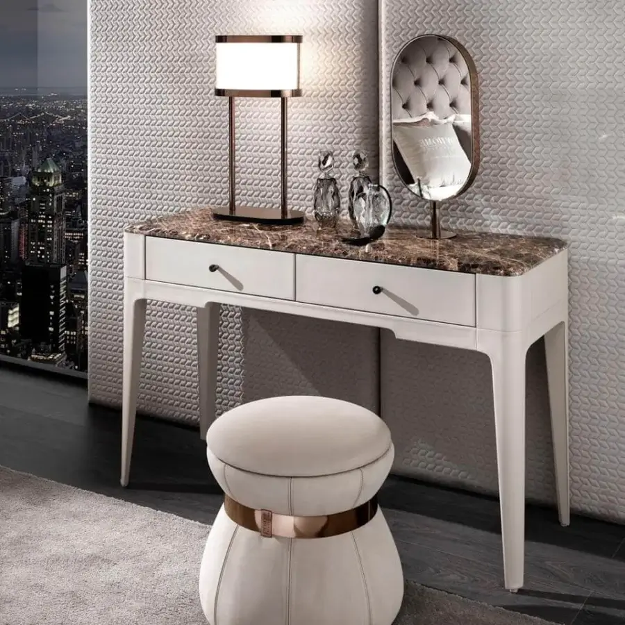 Elite DV Home Collection vanity crafted in white lacquered MDF and beechwood plywood with a brown marbled top and Blumotion drawers