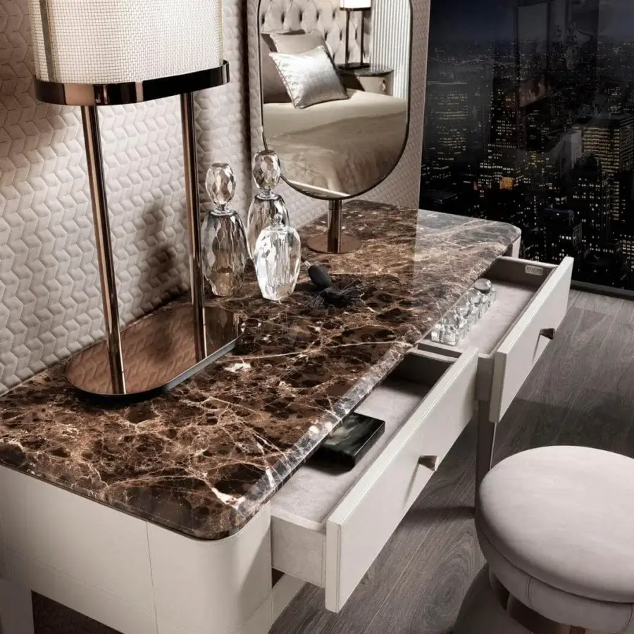 Distinguished DV Home Collection Elite vanity with brown marble and lacquered beige MDF beechwood plywood construction