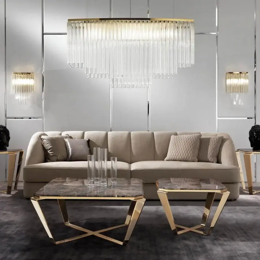 Superior DV Home Collection coffee table with glossy dark brown surface and golden reflective metal base