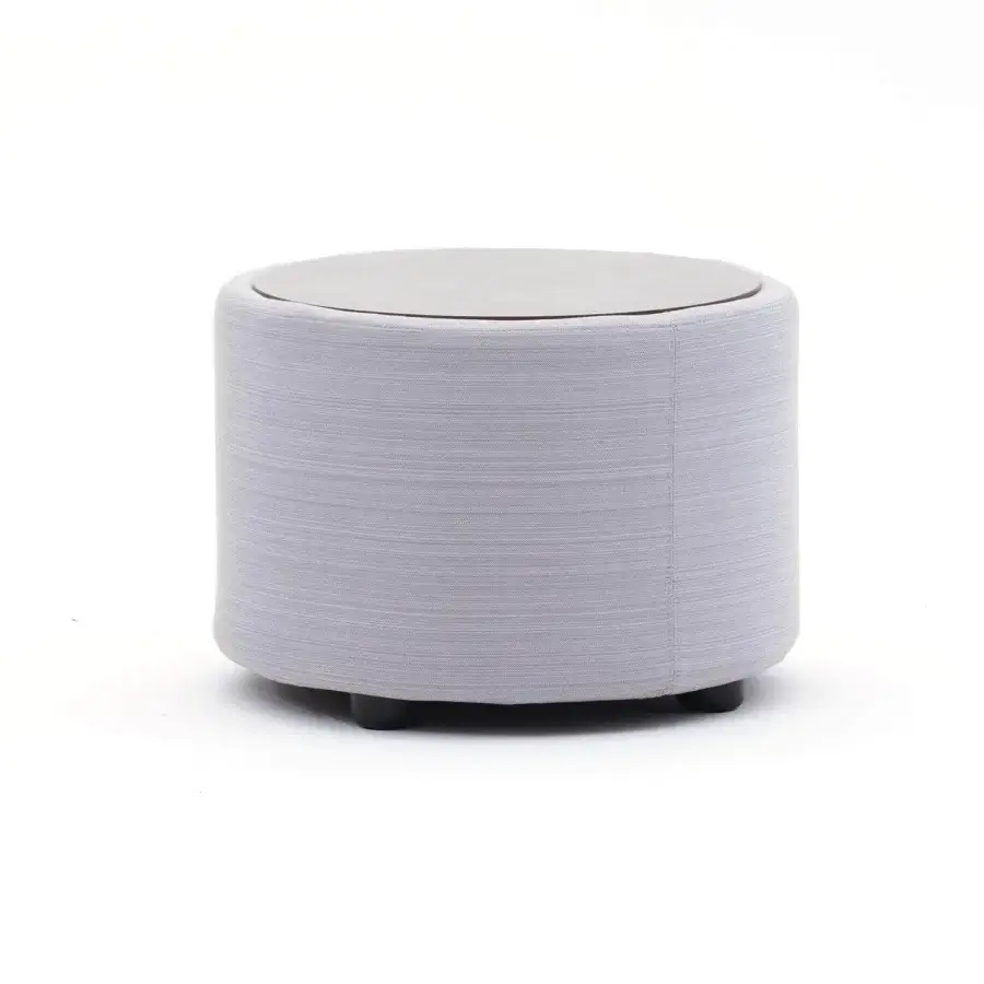 Superior Varaschin Belt side table with light gray woven fabric upholstery and refined glass top crafted in Italy