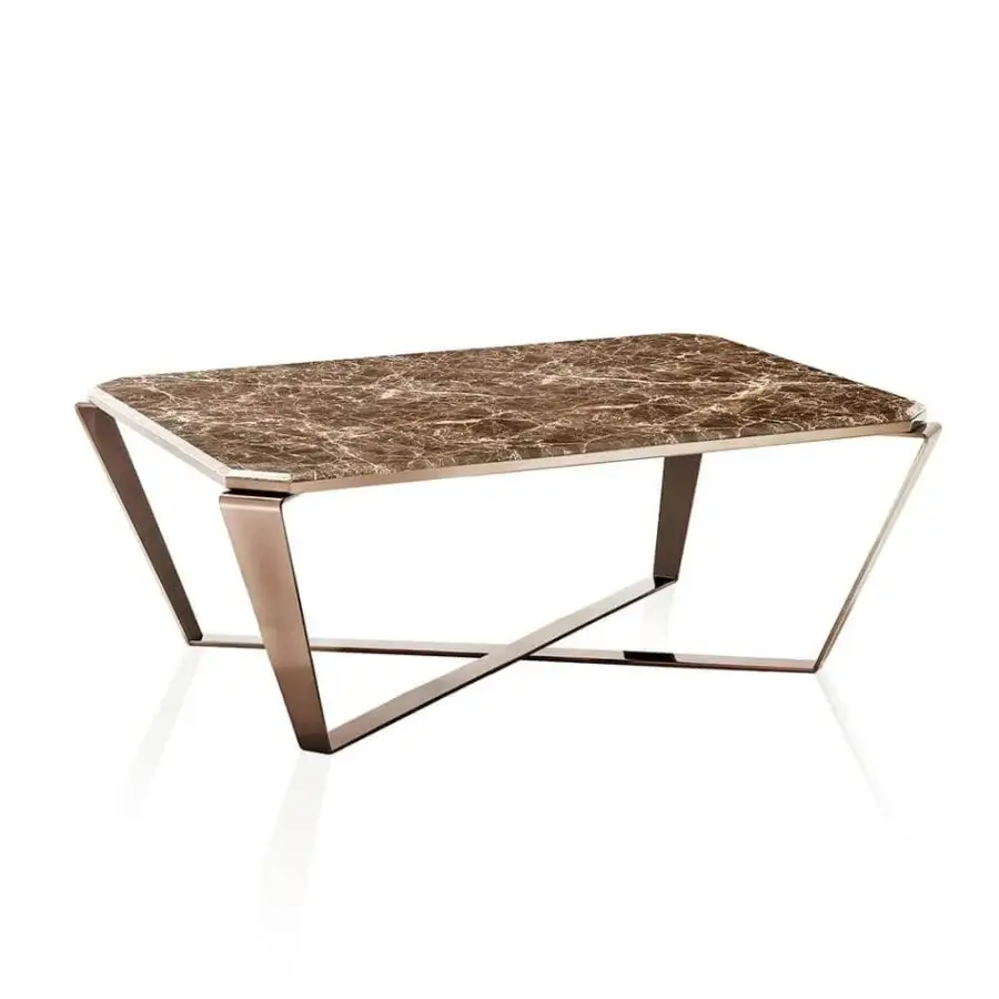 Distinguished DV Home Collection Deco coffee table with swirling brown and tan faux marble top and bronze steel base
