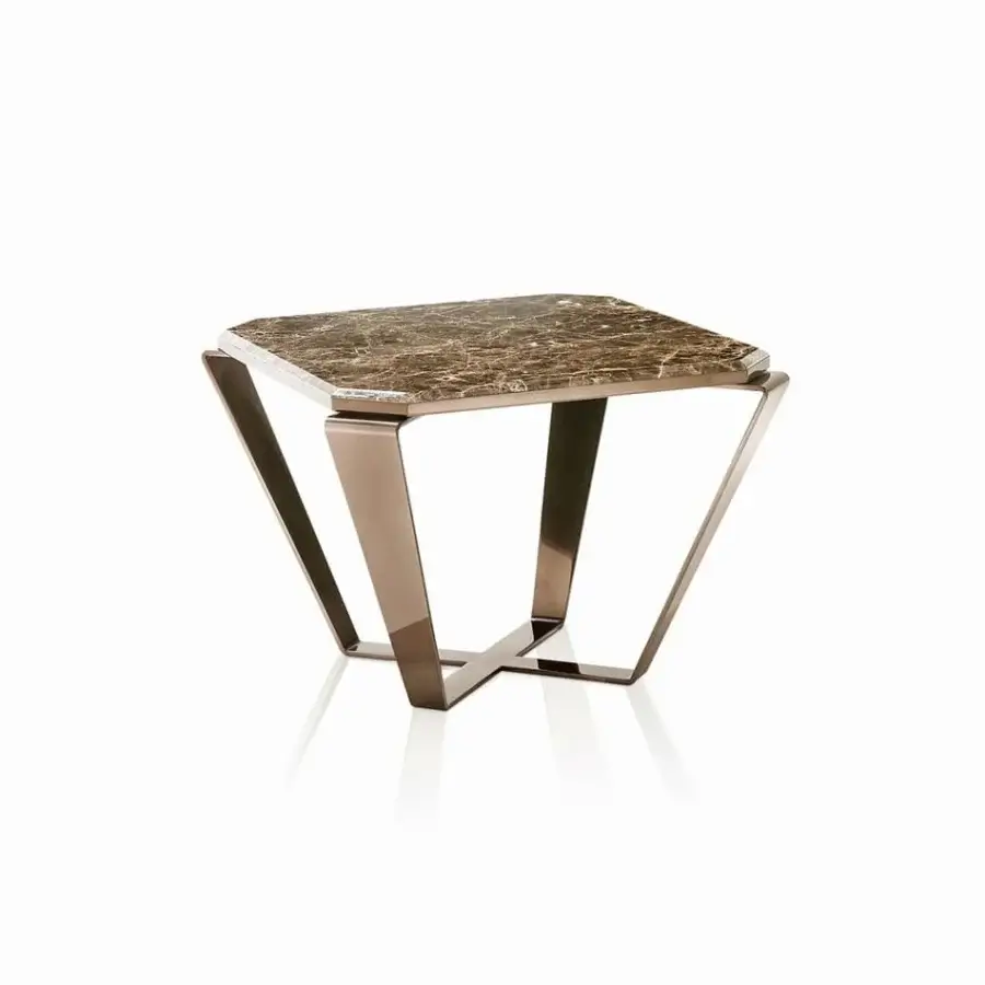 Elegant DV Home Collection Deco coffee table with glossy brown marble tabletop and bronze-toned metal base
