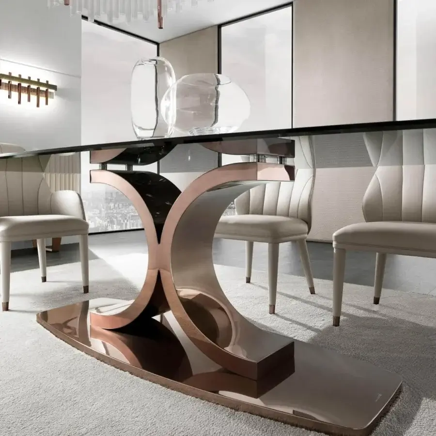 Innovative DV Home Collection Kent Plus Suite table with smoke tempered glass and glossy rose-gold stainless steel base