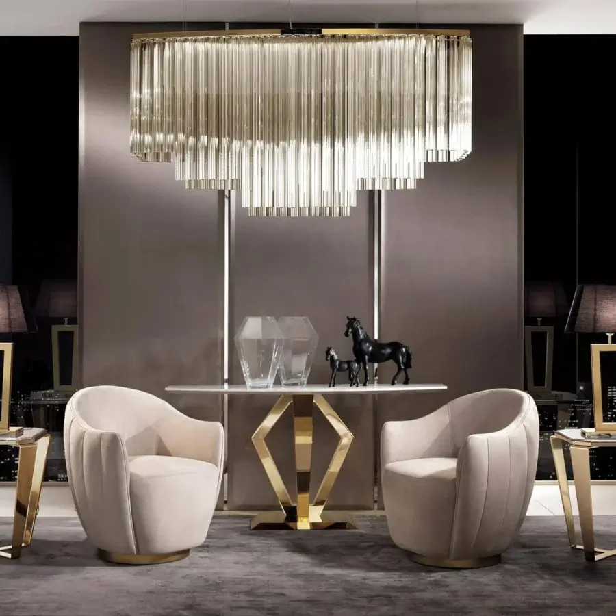 Superior DV Home Collection Vogue rug handwoven in Italy with white viscose and geometric gold-colored metal base
