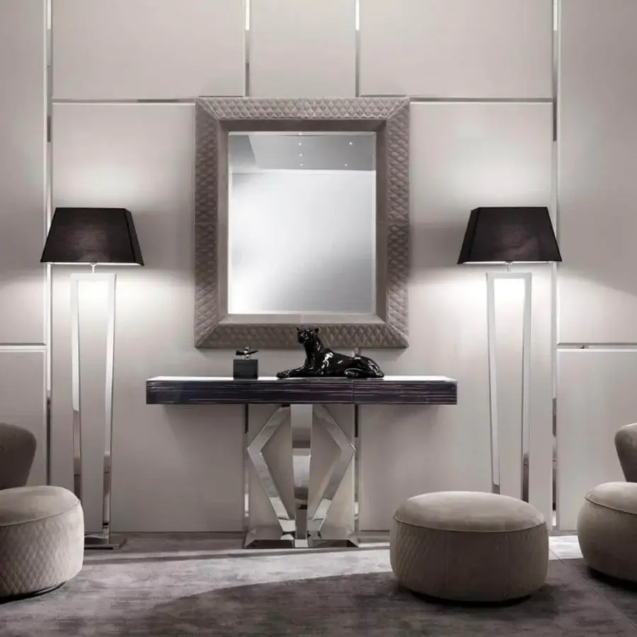 Distinguished DV Home Collection Deco console with honey-comb Ebano Macassar top and innovative stainless steel base in glossy finish