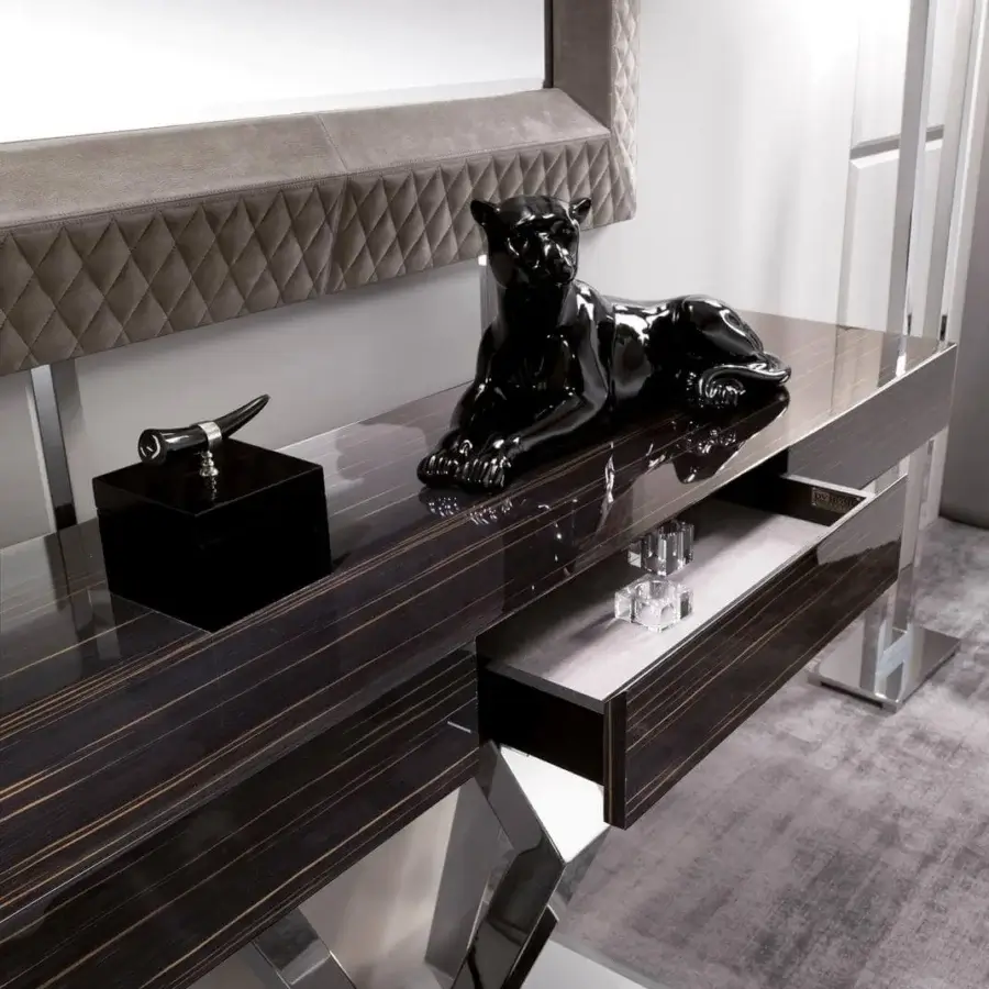Exceptional DV Home Collection Deco console with honey-comb top in Ebano Macassar and innovative stainless steel base exhibiting a glossy finish