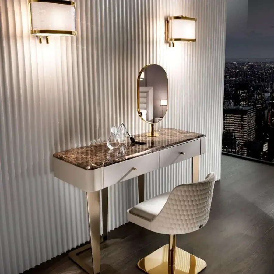 Elegant DV Home Collection Deco vanity crafted in Italy with light beige synthetic leather and glossy lacquered marble top with golden brass finish