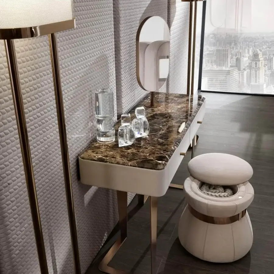 Superior DV Home Collection Deco vanity with cream lacquered MDF and beechwood plywood, plus bronze legs and honey-comb marble-like top