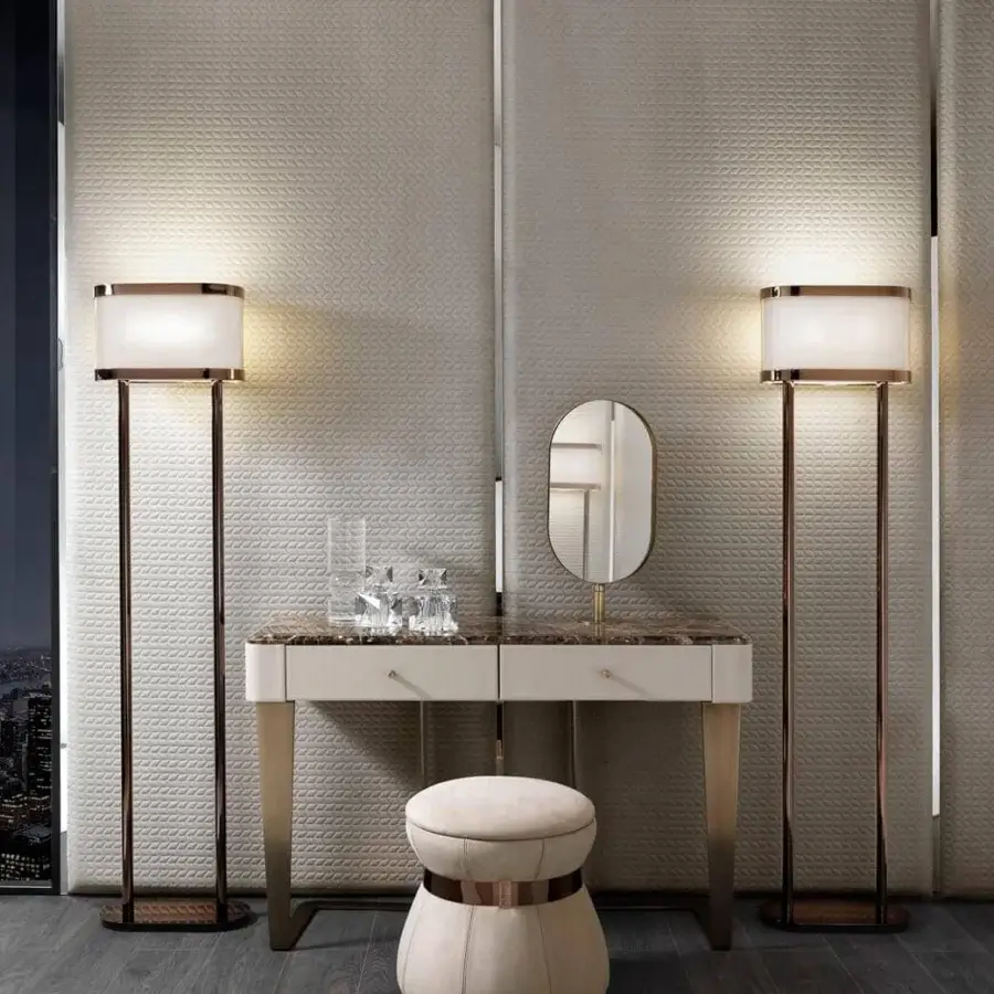 Distinguished DV Home Collection Deco vanity with cream lacquered MDF, honey-comb marble and gold metallic legs, including a padded stool