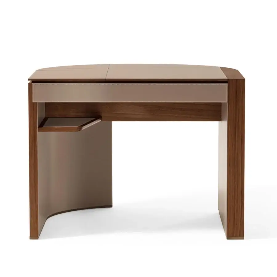 Superior Giorgetti Venus vanity crafted with Canaletto walnut and light beige saddle leather, displaying a satin finish