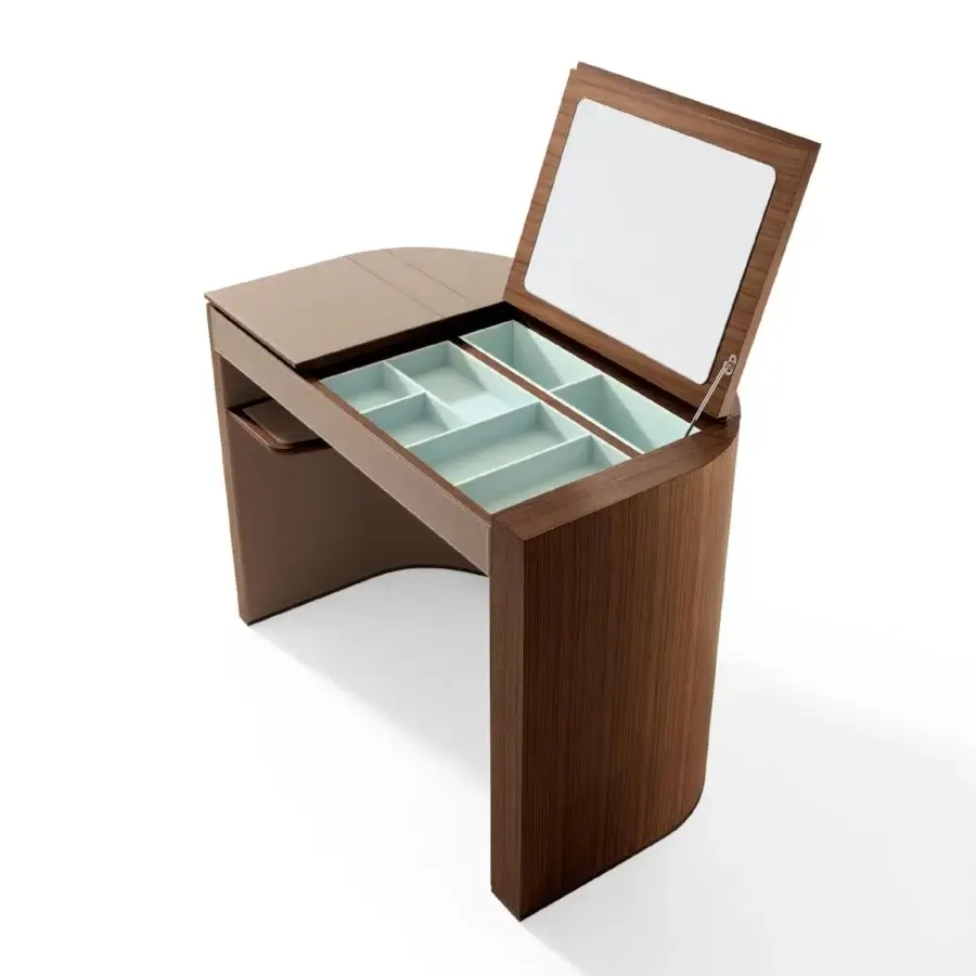 Lavish Giorgetti Venus vanity built with Canaletto walnut and light brown saddle leather, revealing a mirrored lift-top with light blue interiors