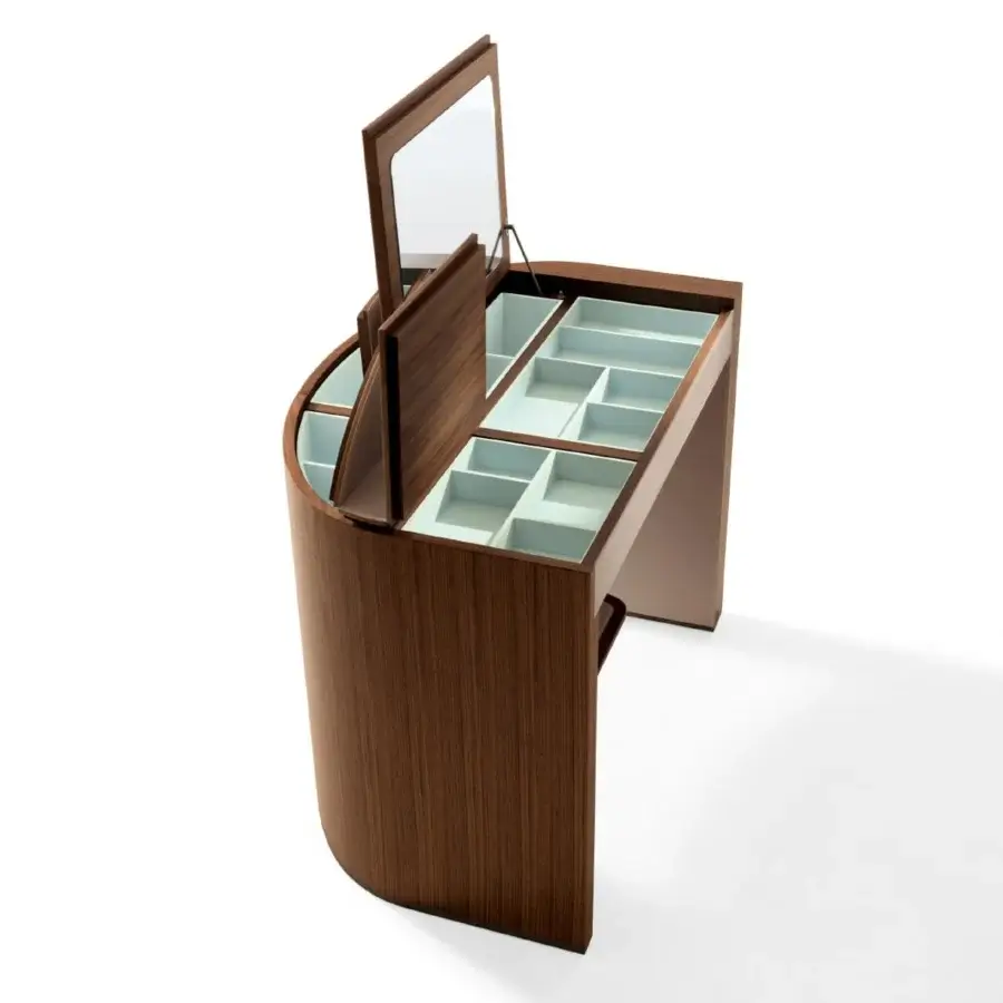 Distinguished Giorgetti Venus vanity with Canaletto walnut and saddle leather, displaying a suede effect finish