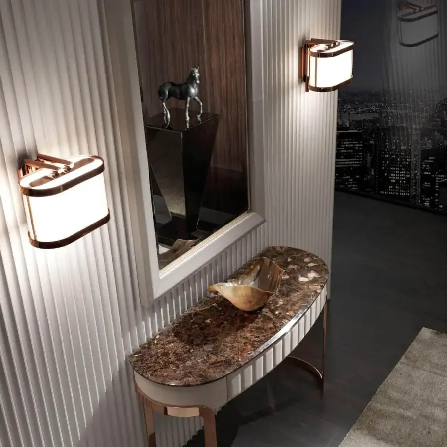 Exceptional DV Home Collection Coco console crafted with cream leather and patterned brown stone with glossy finish