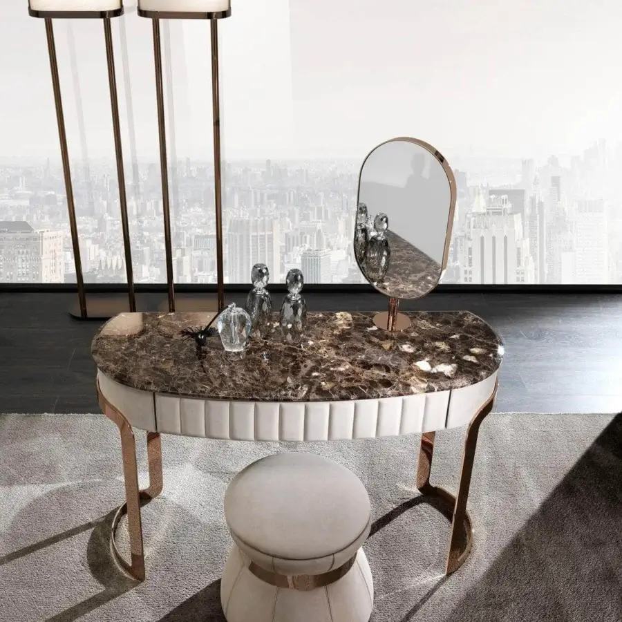 Superior DV Home Collection Coco vanity with cream quilted leather, brown marble-patterned top and satin finished metal legs
