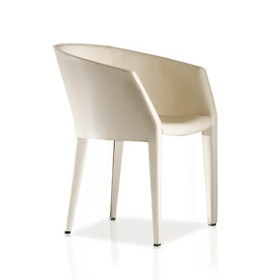 Exclusive Giorgetti Margot armchair upholstered in creamy off-white fabric with solid beech legs and curved backrest construction