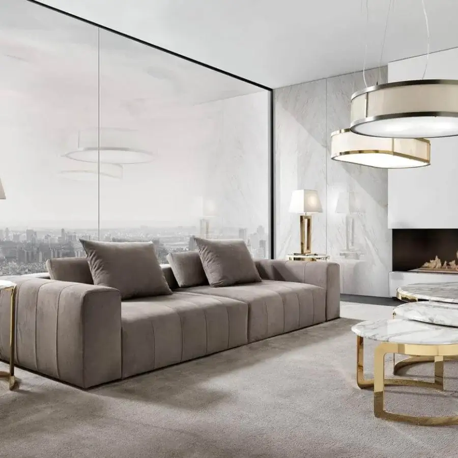 Sophisticated DV Home Collection Edmond sofa upholstered in muted taupe fabric with a solid wood structure and polyurethane foam