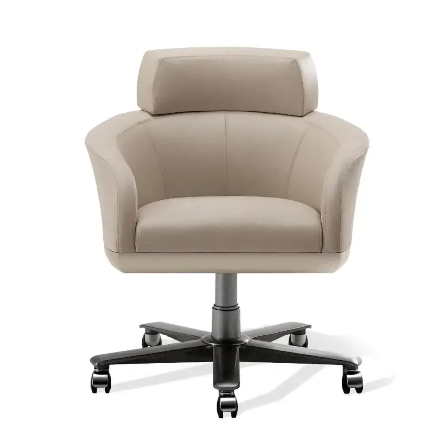 Superior Giorgetti Selectus armchair with smooth matte beige fabric upholstery and dark-toned metal base with caster wheels