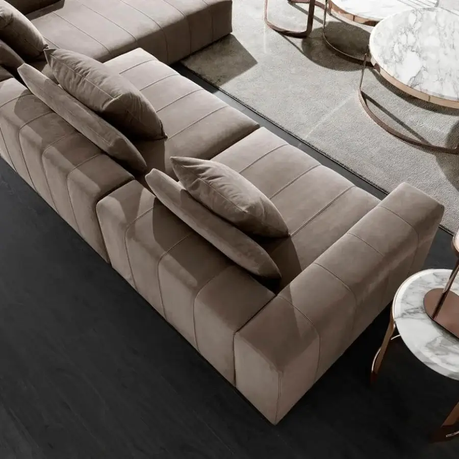 Distinguished DV Home Collection Edmond sectional with neutral brown textile and solid wood structure exhibiting minimalist style