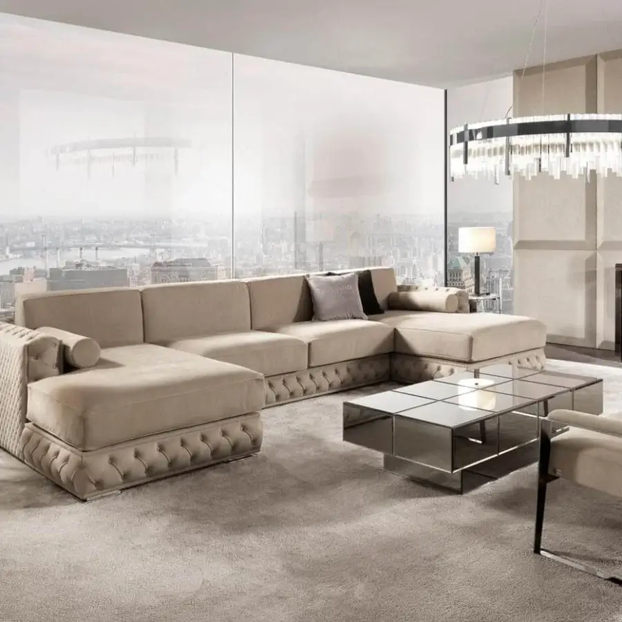 Superior DV Home Collection sectional with light beige velvet upholstery and refined tufted cover crafted in Italy