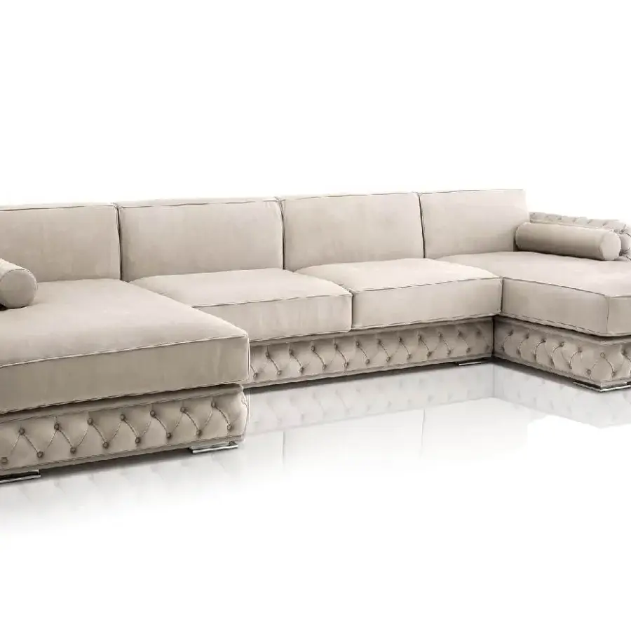 Distinguished DV Home Collection sectional crafted in Italy with light beige velvet and a tufted geometric silhouette with metal feet