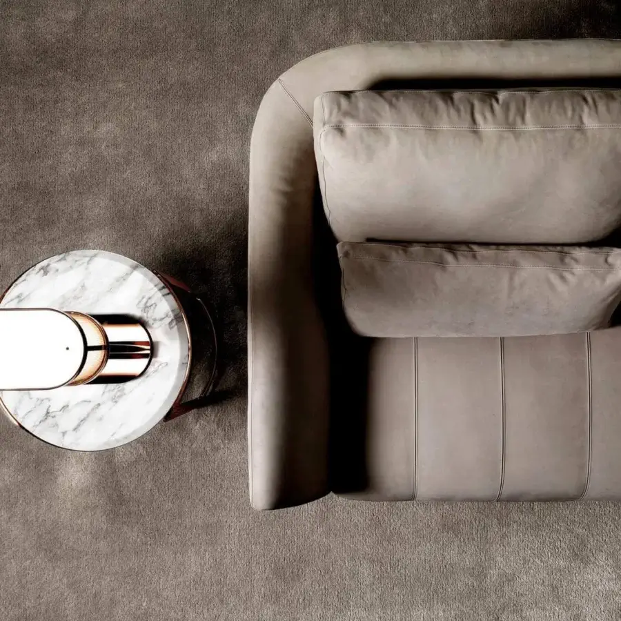 Superior DV Home Collection Deco sofa upholstered in smooth light beige textile or leather with sleek steel structure