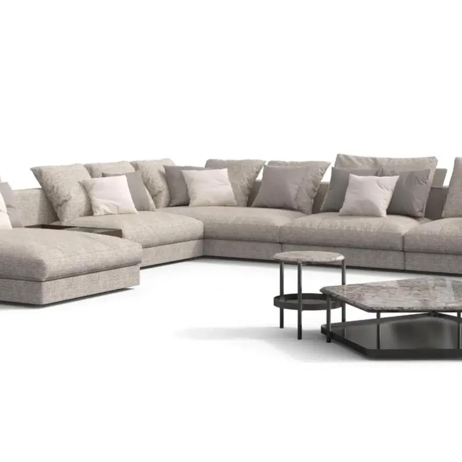 Distinguished Giorgetti Skyline coffee table with a hexagon tabletop in light gray and beige marbled appearance and dark lower tier