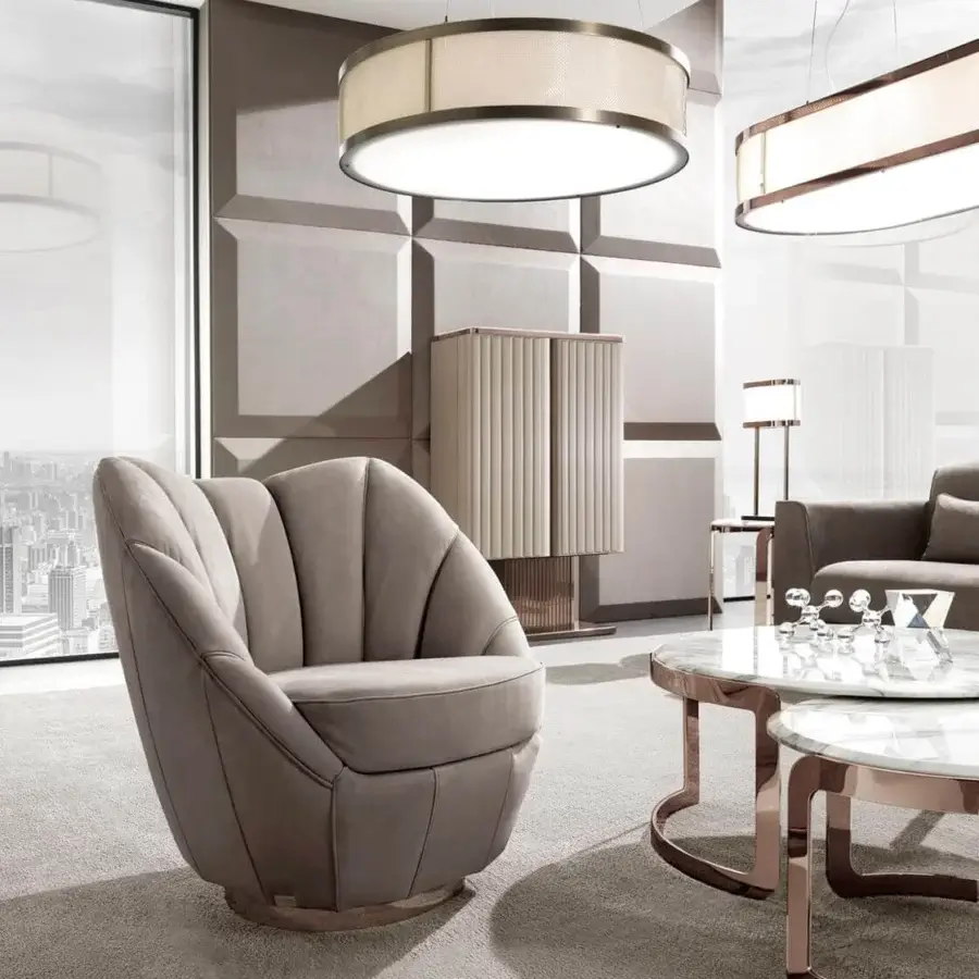 Distinctive DV Home Collection Royal lounge chair with light brown suede upholstery and quilted vertical detailing