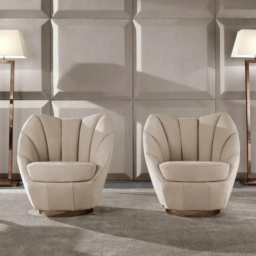 Distinguished DV Home Collection Royal lounge chair crafted in light beige textile with refined decorative stitching and a round steel swivel base