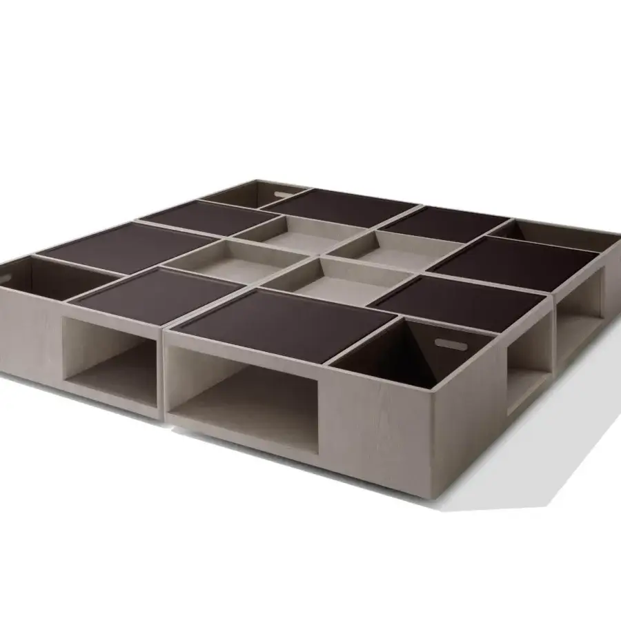 Exceptional Giorgetti Skyline coffee table with ash wood and dark brown marble inserts in matte light greyish-beige finish