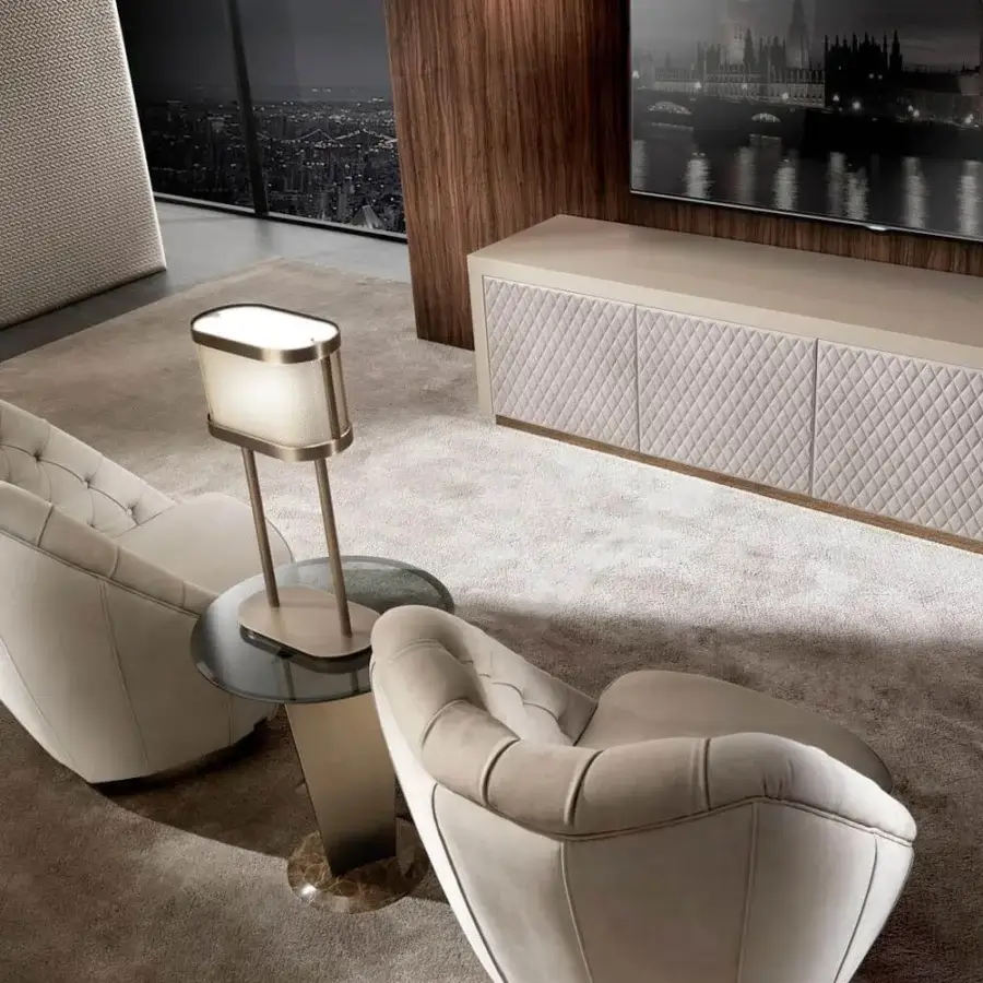 Distinguished DV Home Collection Royal Capitonne' lounge chair with light beige textile upholstery and elegant decorative stitching