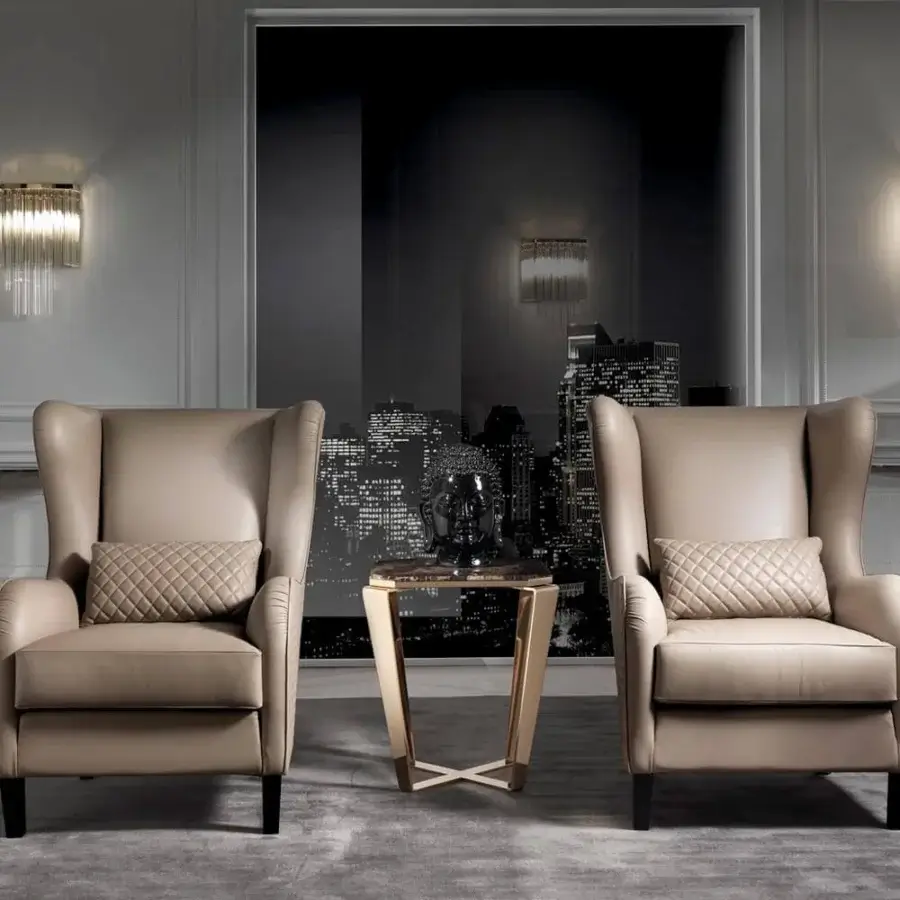 Distinguished DV Home Collection Windsor lounge chair in light beige textile with Cacao Walnut finished solid wood feet