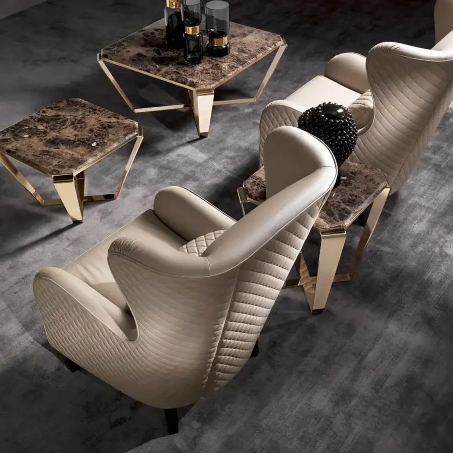 Exceptional DV Home Collection Windsor lounge chair upholstered in light beige textile with Cacao Walnut finished solid wood feet