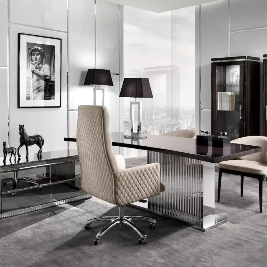Distinguished DV Home Collection Windsor office armchair with quilted light beige fabric and five point swivel aluminum base