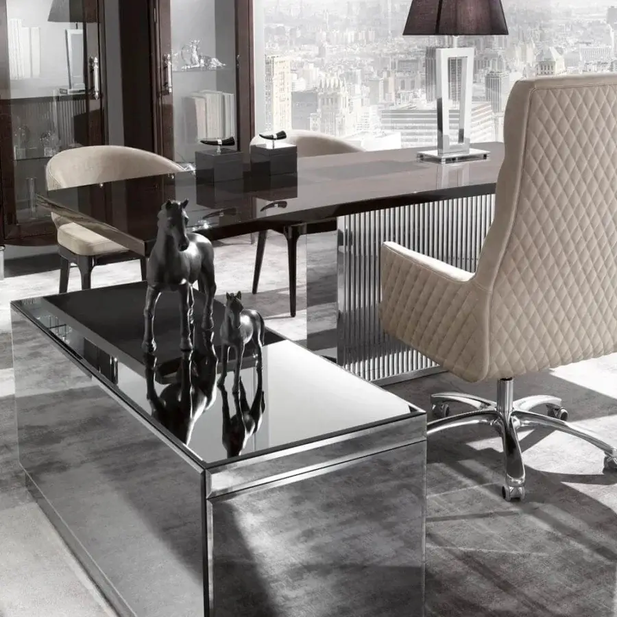 Superior DV Home Collection Windsor office armchair with quilted light beige textile and glossy aluminum base