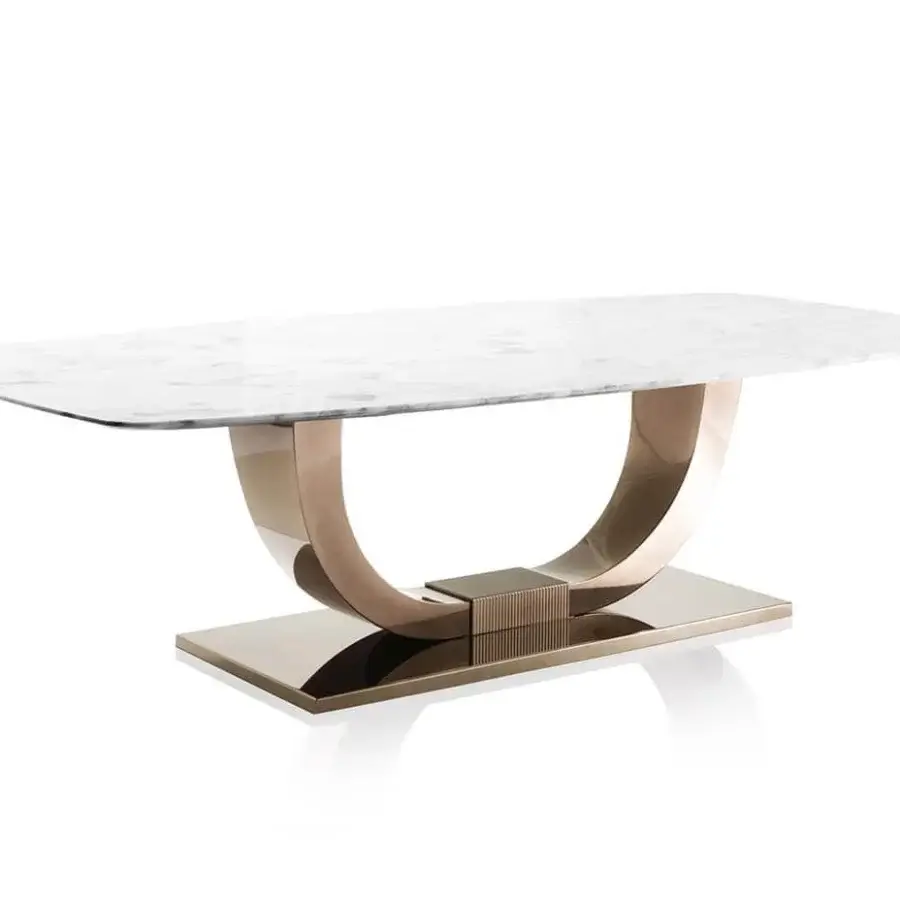 Distinguished DV Home Collection Heritage table with a glossy marble tabletop and reflective light bronze stainless steel base