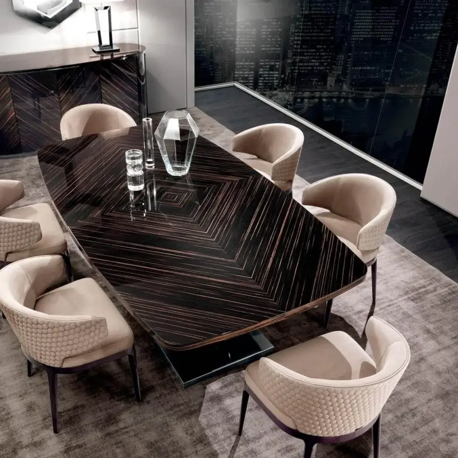 Distinguished DV Home Collection Heritage table with glossy wood and geometric dark and light brown squares built on a sleek pedestal base