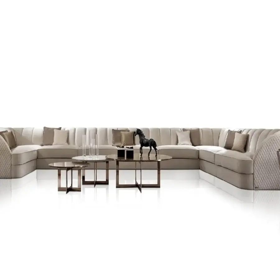 Lavish DV Home Collection Charlotte sectional in light beige textile with quilted detailing and solid wood structure