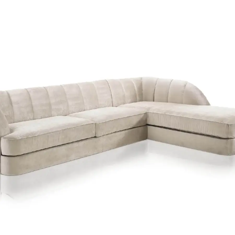 Distinguished DV Home Collection Charlotte sectional in light beige textile with curved silhouette and quilted detailing