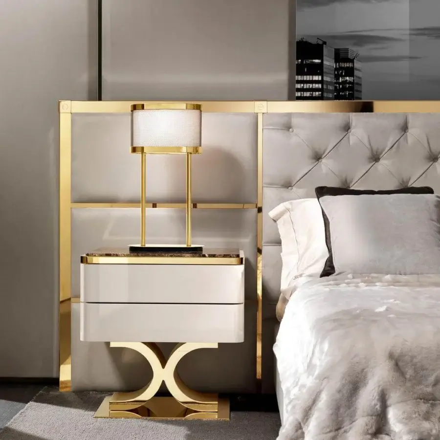Elegant DV Home Collection Kent nightstand with glossy lacquered multilayer structure and stainless steel trim