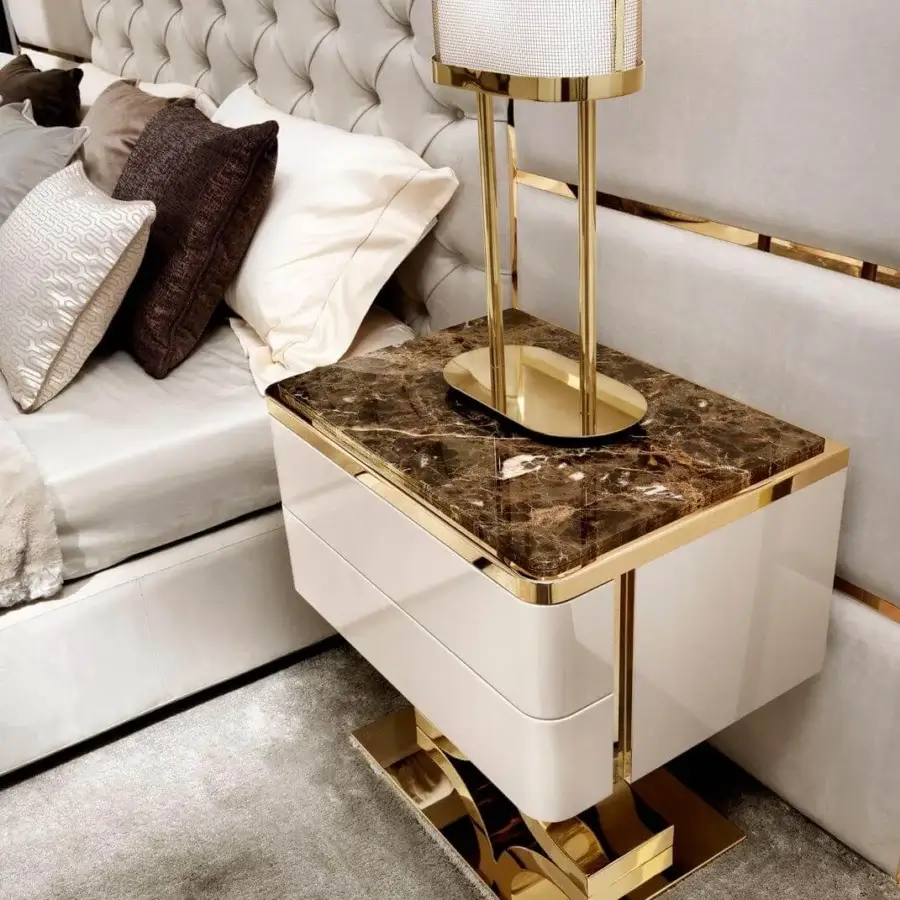 Superior DV Home Collection Kent nightstand with glossy lacquered multilayer structure, marble top and gold-colored stainless steel accents
